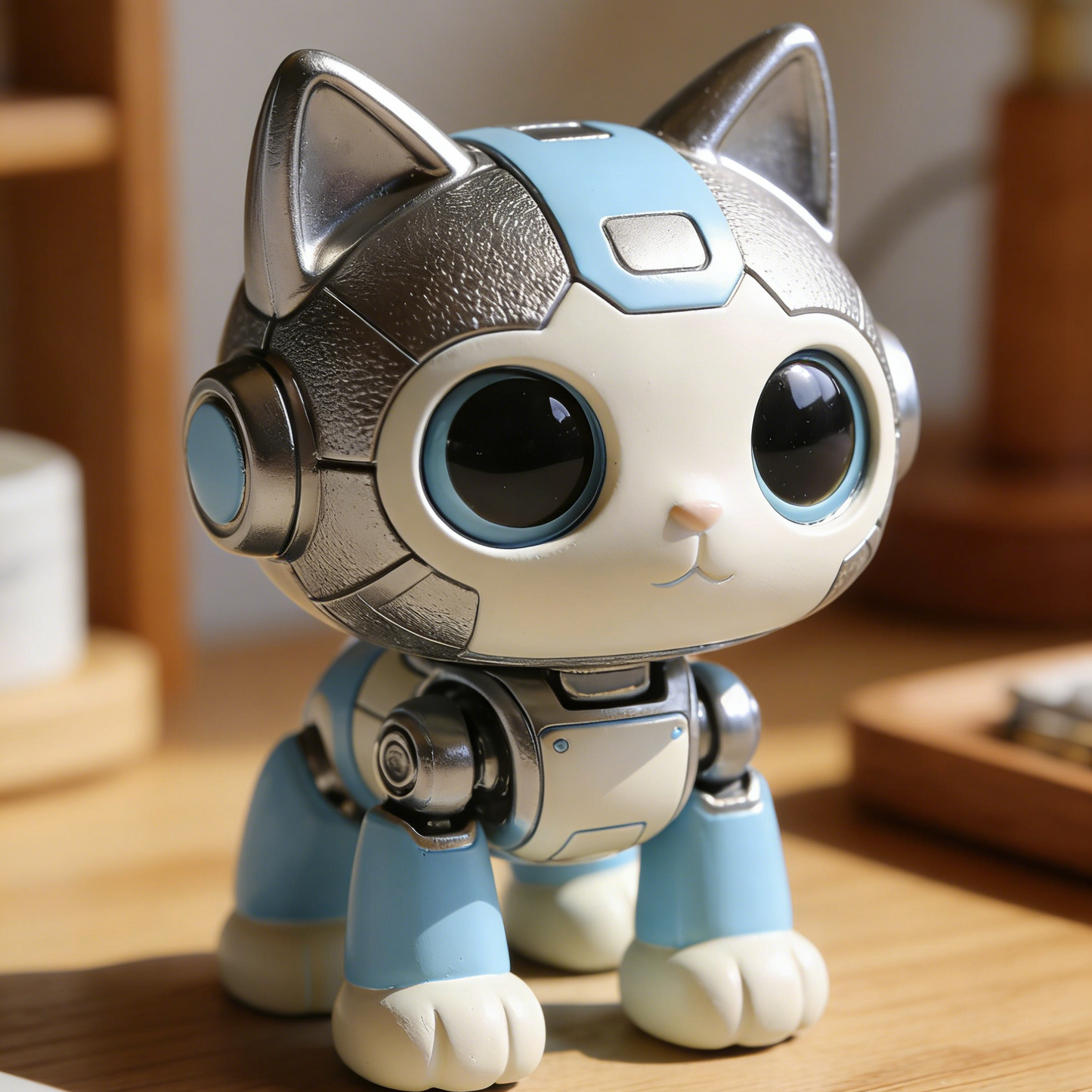 Mechanical Cat Robot Figurine - Cyberpunk Feline Desk Decor with Metallic Accents