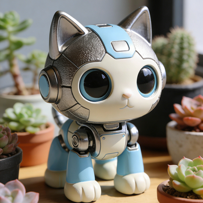 Mechanical Cat Robot Figurine - Cyberpunk Feline Desk Decor with Metallic Accents