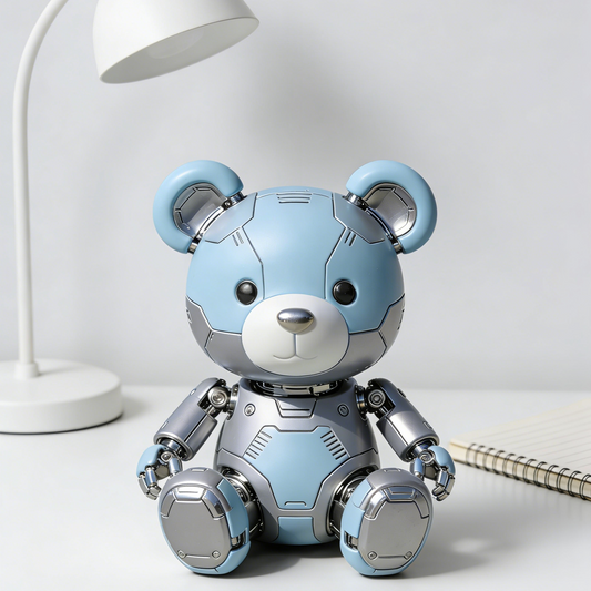 Mechanical Bear Robot Figurine - Cyberpunk Teddy Bear Desk Decor with Metallic Accents