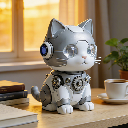 Gear Mechanical Cat Robot Figurine - Steampunk Feline Desk Decor with Exposed Gears
