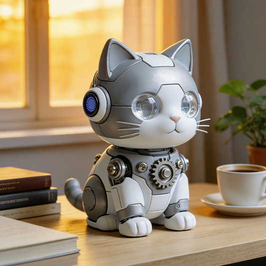 Gear Mechanical Cat Robot Figurine - Steampunk Feline Desk Decor with Exposed Gears