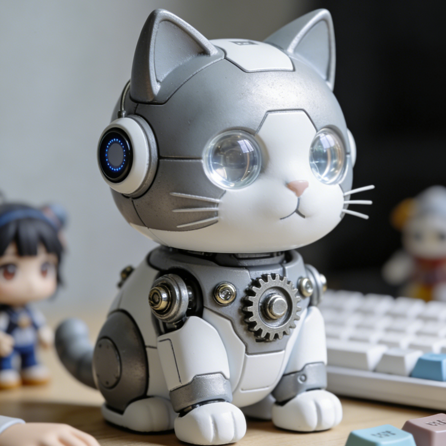 Gear Mechanical Cat Robot Figurine - Steampunk Feline Desk Decor with Exposed Gears